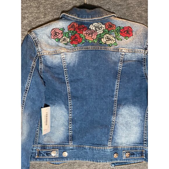 LulaRoe Harvey Blue Stonewashed Denim Jean Jacket Size XS Embroidery Rose - Picture 8 of 11